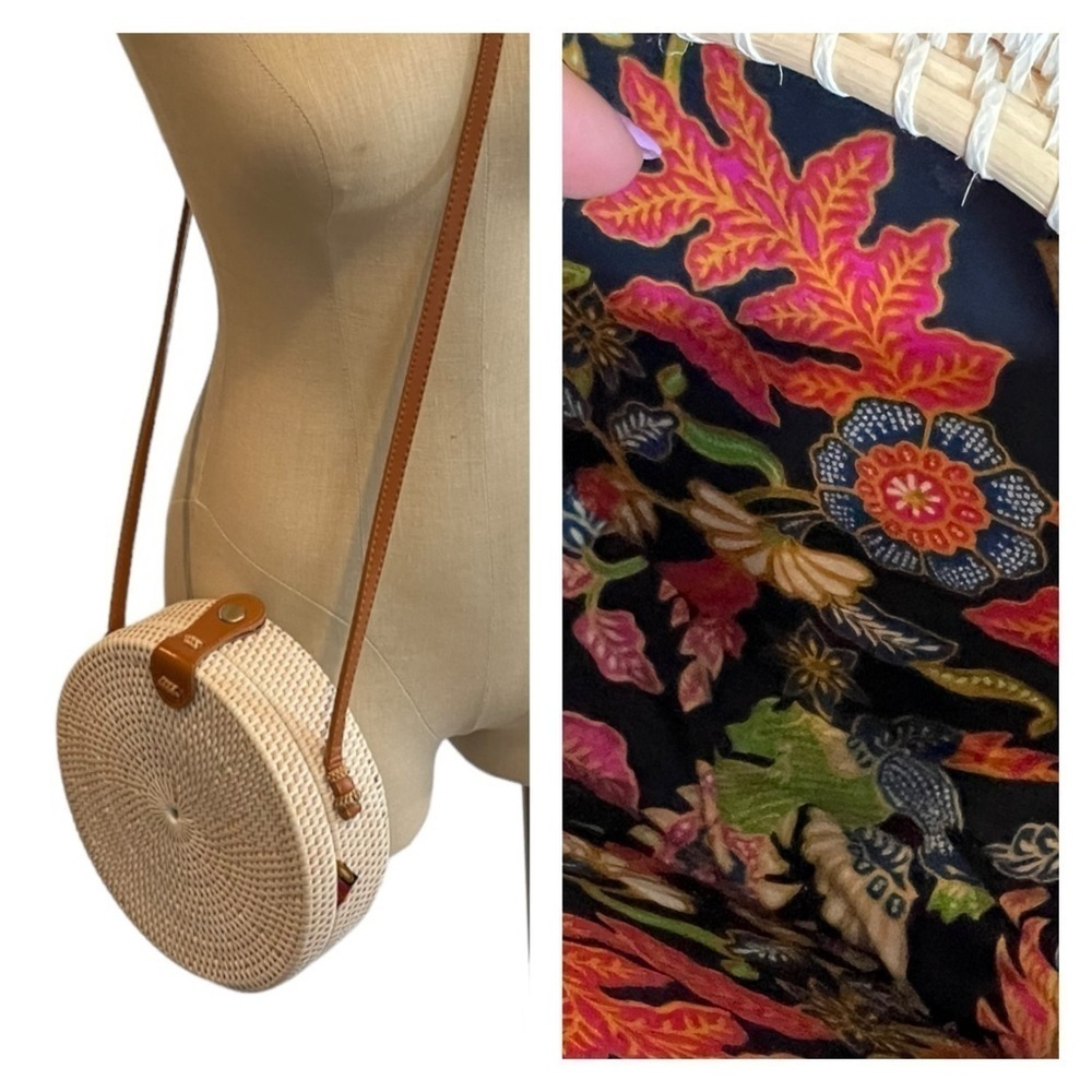 Round Rattan Straw Bag for Women Shoulder Leather Button Straps Natural Chic